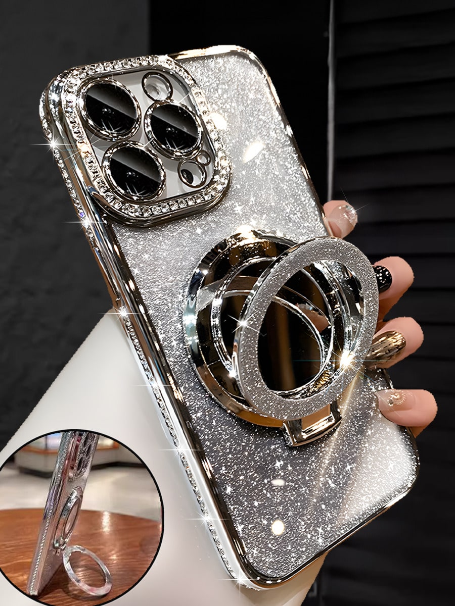 MewTrek Luxury Electroplated Silver Phone Case With Makeup Mirror Stand, Decorated With Shiny Rhinestones, Made Of Silicone Material, Shock-Proof And Drop-Resistant, Compatible With IPhone 16/16e/16 P