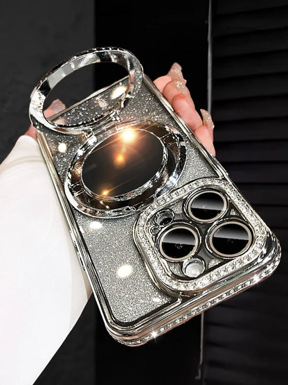 MewTrek Luxury Electroplated Silver Phone Case With Makeup Mirror Stand, Decorated With Shiny Rhinestones, Made Of Silicone Material, Shock-Proof And Drop-Resistant, Compatible With IPhone 16/16e/16 P