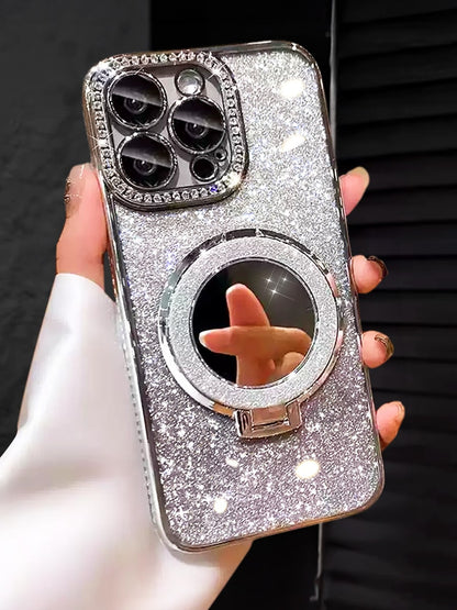 MewTrek Luxury Electroplated Silver Phone Case With Makeup Mirror Stand, Decorated With Shiny Rhinestones, Made Of Silicone Material, Shock-Proof And Drop-Resistant, Compatible With IPhone 16/16e/16 P