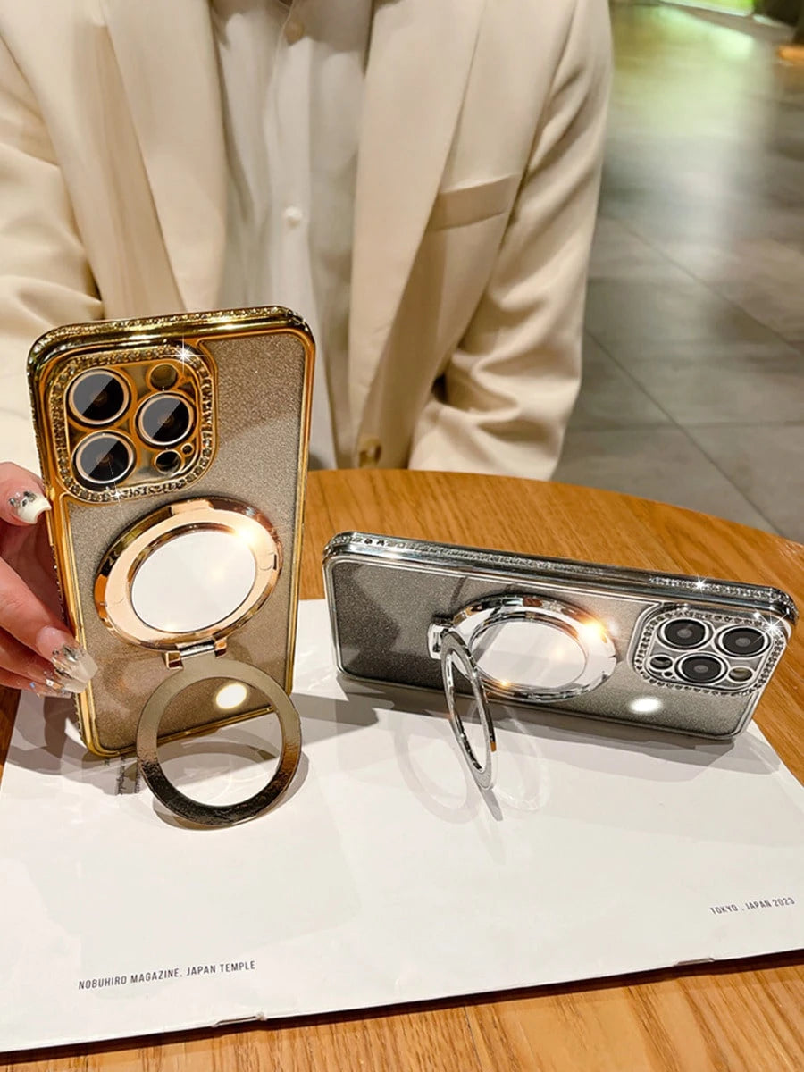 MewTrek Luxury Electroplated Silver Phone Case With Makeup Mirror Stand, Decorated With Shiny Rhinestones, Made Of Silicone Material, Shock-Proof And Drop-Resistant, Compatible With IPhone 16/16e/16 P