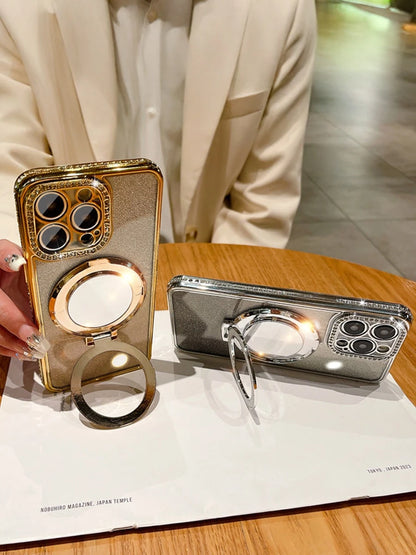 MewTrek Luxury Electroplated Silver Phone Case With Makeup Mirror Stand, Decorated With Shiny Rhinestones, Made Of Silicone Material, Shock-Proof And Drop-Resistant, Compatible With IPhone 16/16e/16 P