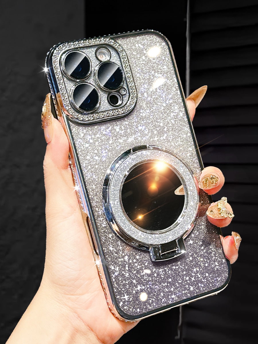 MewTrek Luxury Electroplated Silver Phone Case With Makeup Mirror Stand, Decorated With Shiny Rhinestones, Made Of Silicone Material, Shock-Proof And Drop-Resistant, Compatible With IPhone 16/16e/16 P
