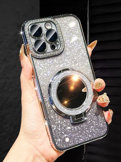 MewTrek Luxury Electroplated Silver Phone Case With Makeup Mirror Stand, Decorated With Shiny Rhinestones, Made Of Silicone Material, Shock-Proof And Drop-Resistant, Compatible With IPhone 16/16e/16 P