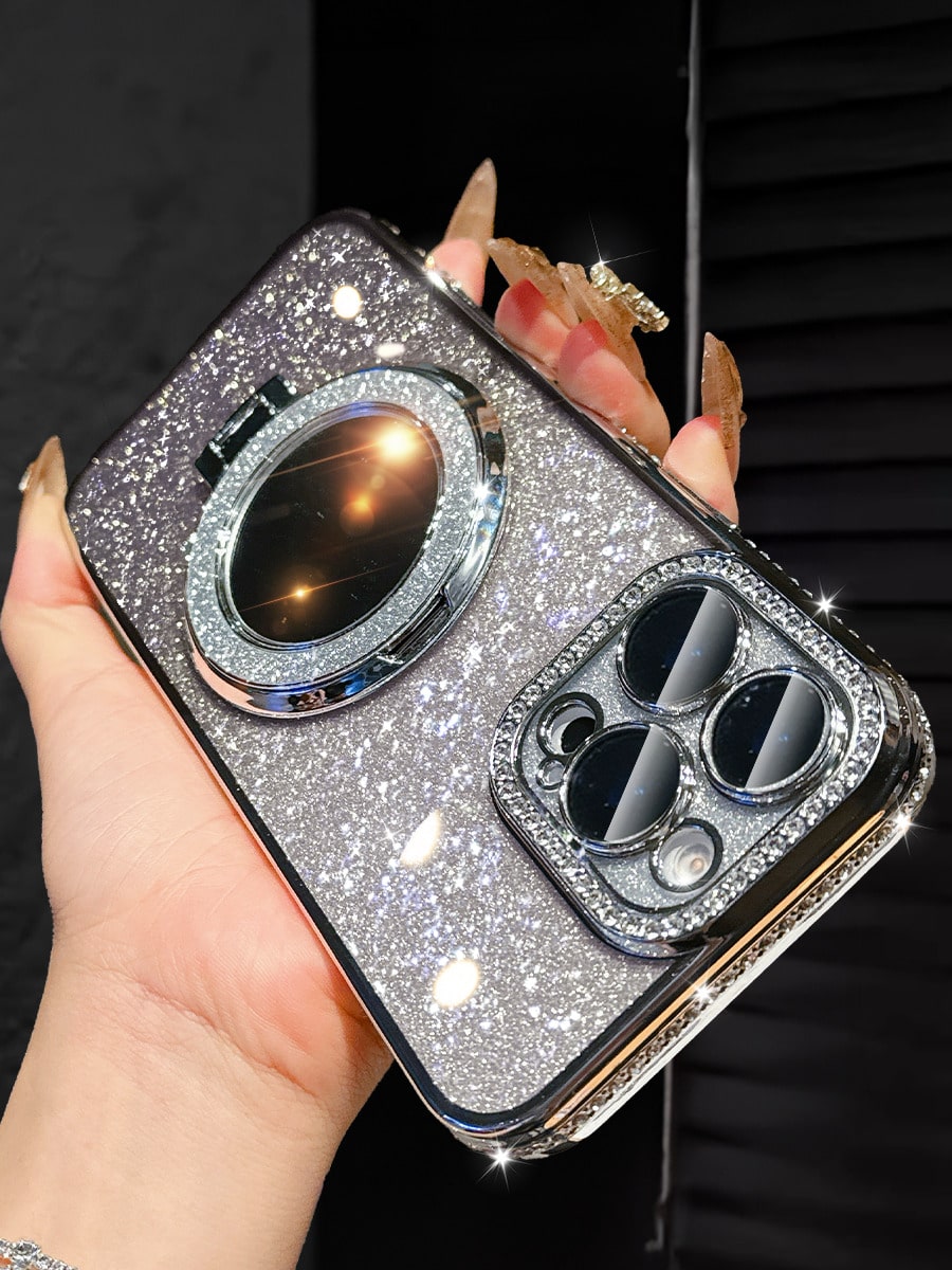 MewTrek Luxury Electroplated Silver Phone Case With Makeup Mirror Stand, Decorated With Shiny Rhinestones, Made Of Silicone Material, Shock-Proof And Drop-Resistant, Compatible With IPhone 16/16e/16 P