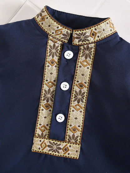 Middle Eastern Style Traditional Embroidered Long Sleeve Top And Pants Set For Baby Boys