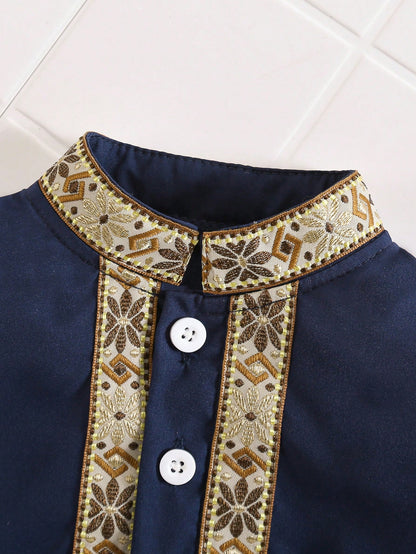 Middle Eastern Style Traditional Embroidered Long Sleeve Top And Pants Set For Baby Boys