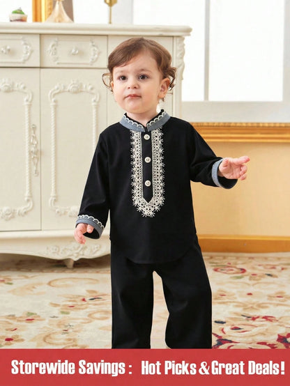 Middle Eastern Style Traditional Embroidered Long Sleeve Top And Pants Set For Baby Boys