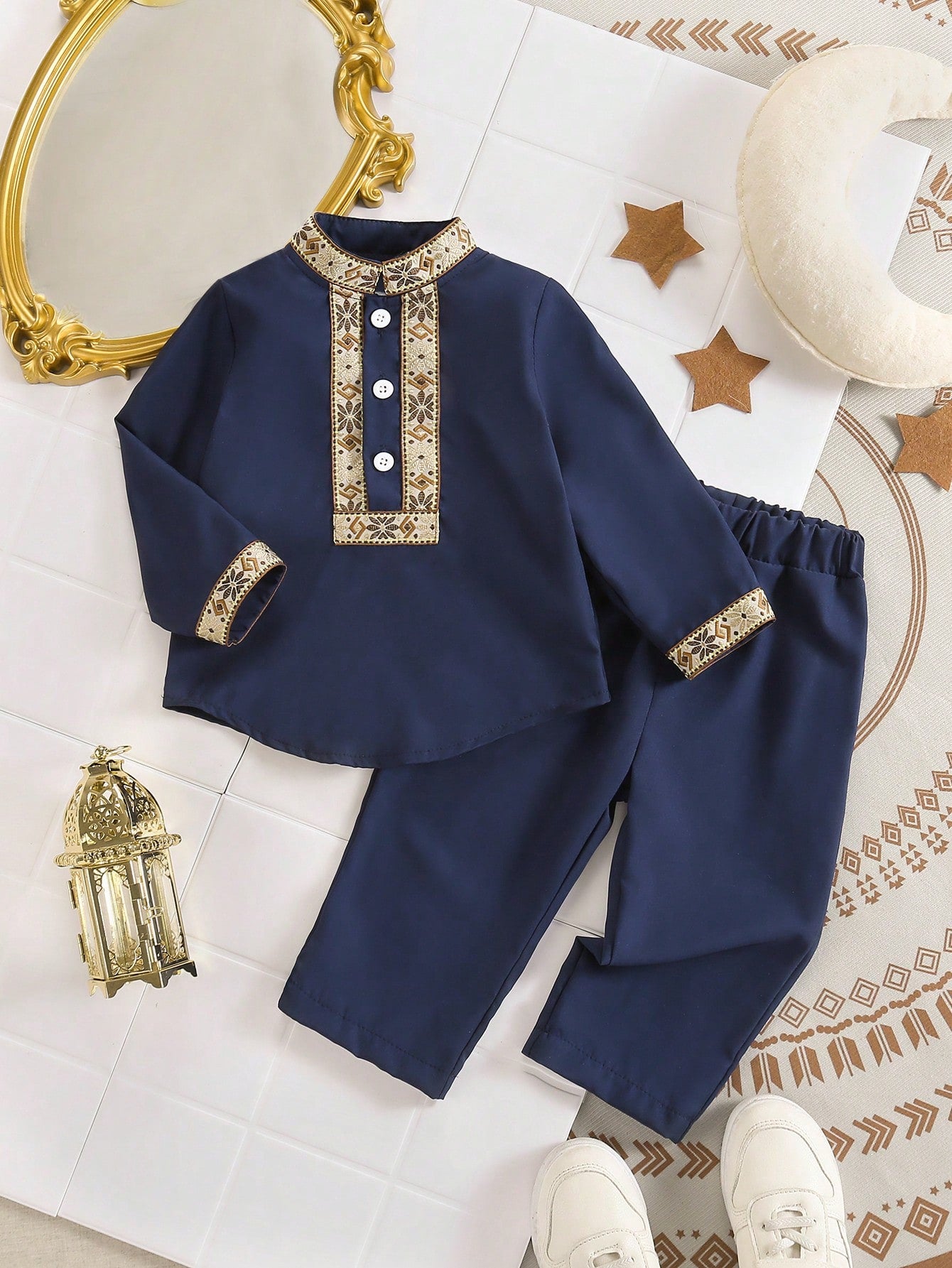 Middle Eastern Style Traditional Embroidered Long Sleeve Top And Pants Set For Baby Boys