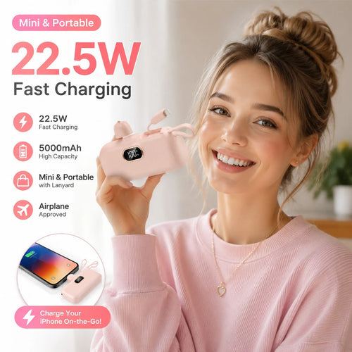 Mini Black 5000mAh Plug-In Power Bank With Lightning Tip, Built-In USB-C Cable And 22.5W Fast Charging, Featuring An LED Power Screen, Smooth Capsule Shape And Attached Lanyard For Grab-And-Go Use, Ma