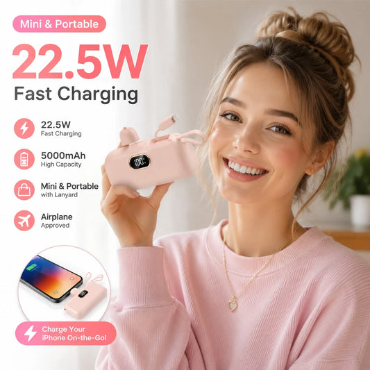 Mini Black 5000mAh Plug-In Power Bank With Lightning Tip, Built-In USB-C Cable And 22.5W Fast Charging, Featuring An LED Power Screen, Smooth Capsule Shape And Attached Lanyard For Grab-And-Go Use, Ma