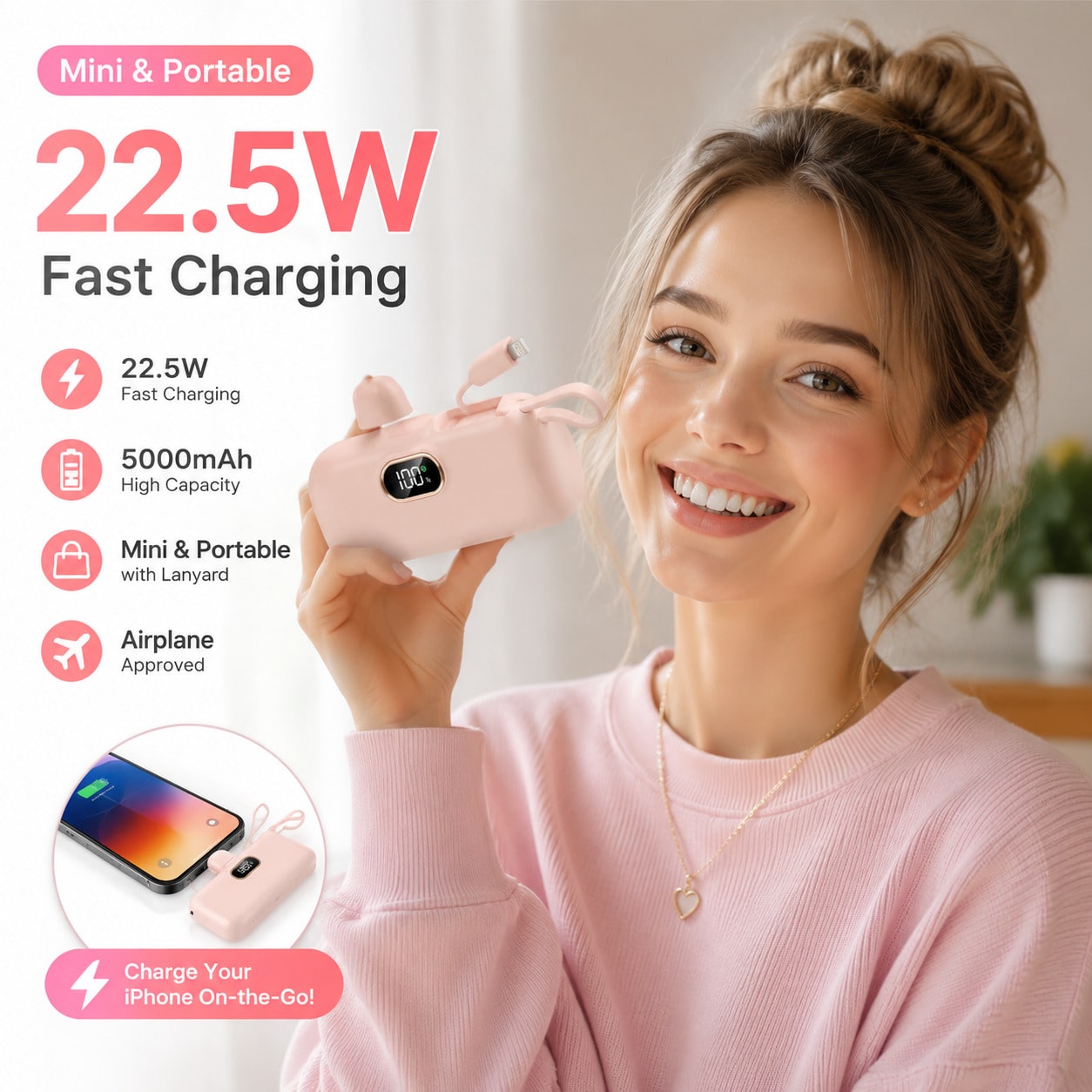 Mini Black 5000mAh Plug-In Power Bank With Lightning Tip, Built-In USB-C Cable And 22.5W Fast Charging, Featuring An LED Power Screen, Smooth Capsule Shape And Attached Lanyard For Grab-And-Go Use, Ma