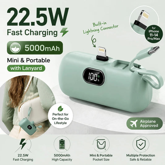Mini Mint 5000mAh Plug-In Power Bank With Lightning Tip, Built-In USB-C Cable And 22.5W Fast Charging, With LED Percentage Readout, Smooth Mint Capsule Body And Wrist Lanyard For Daily Carry, Compatib