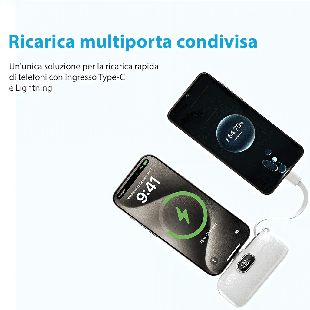 Mini Mint 5000mAh Plug-In Power Bank With Lightning Tip, Built-In USB-C Cable And 22.5W Fast Charging, With LED Percentage Readout, Smooth Mint Capsule Body And Wrist Lanyard For Daily Carry, Compatib