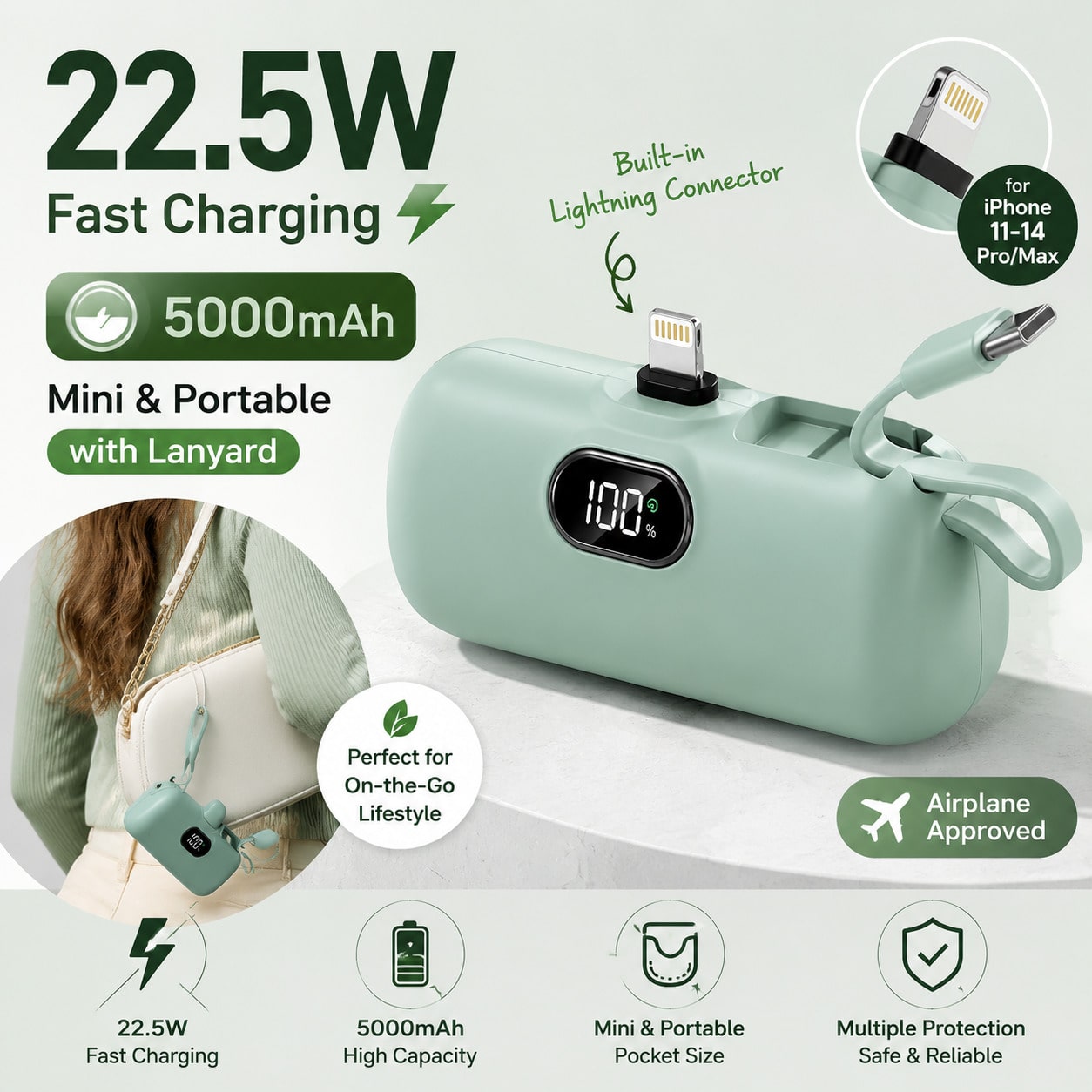 Mini Mint 5000mAh Plug-In Power Bank With Lightning Tip, Built-In USB-C Cable And 22.5W Fast Charging, With LED Percentage Readout, Smooth Mint Capsule Body And Wrist Lanyard For Daily Carry, Compatib