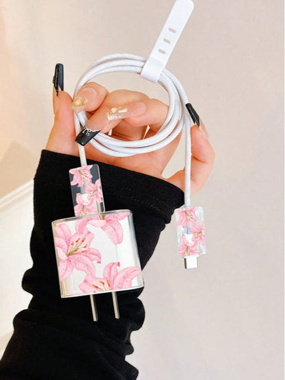 Minimalist Floral Apple Charger Bow Protective Case Suitable For 20W 15 Charger Cable, 16 Pro Max Phone Data Cable, 13/14 Plus Protective Case, Anti-Bending And Anti-Cat Bite
