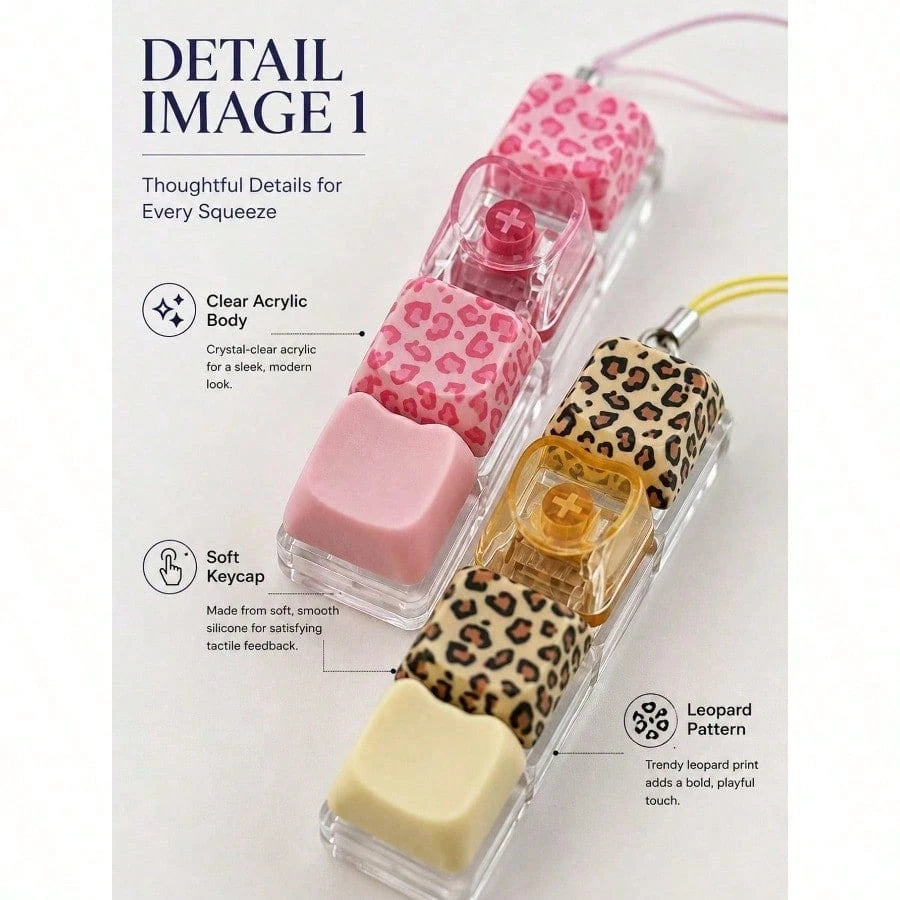 MINKOJA MINKOJA 1Pc Leopard Print Pattern Keyboard Fidget Toy, Fidget Keyboard, 4-Key Stress Relief Toy Keyboard Keychain Toy, Pressable Keyboard Keys