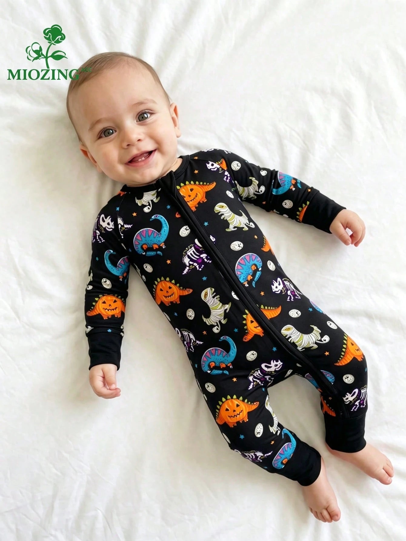 MIOZING Halloween Mummy Dino Skeleton Pumpkin Dinosaur Print Zip Long Sleeve Baby Romper, Holiday Daily Outfit, Soft Bamboo Fiber Fabric For Baby Boys