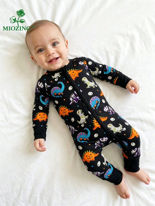 MIOZING Halloween Mummy Dino Skeleton Pumpkin Dinosaur Print Zip Long Sleeve Baby Romper, Holiday Daily Outfit, Soft Bamboo Fiber Fabric For Baby Boys