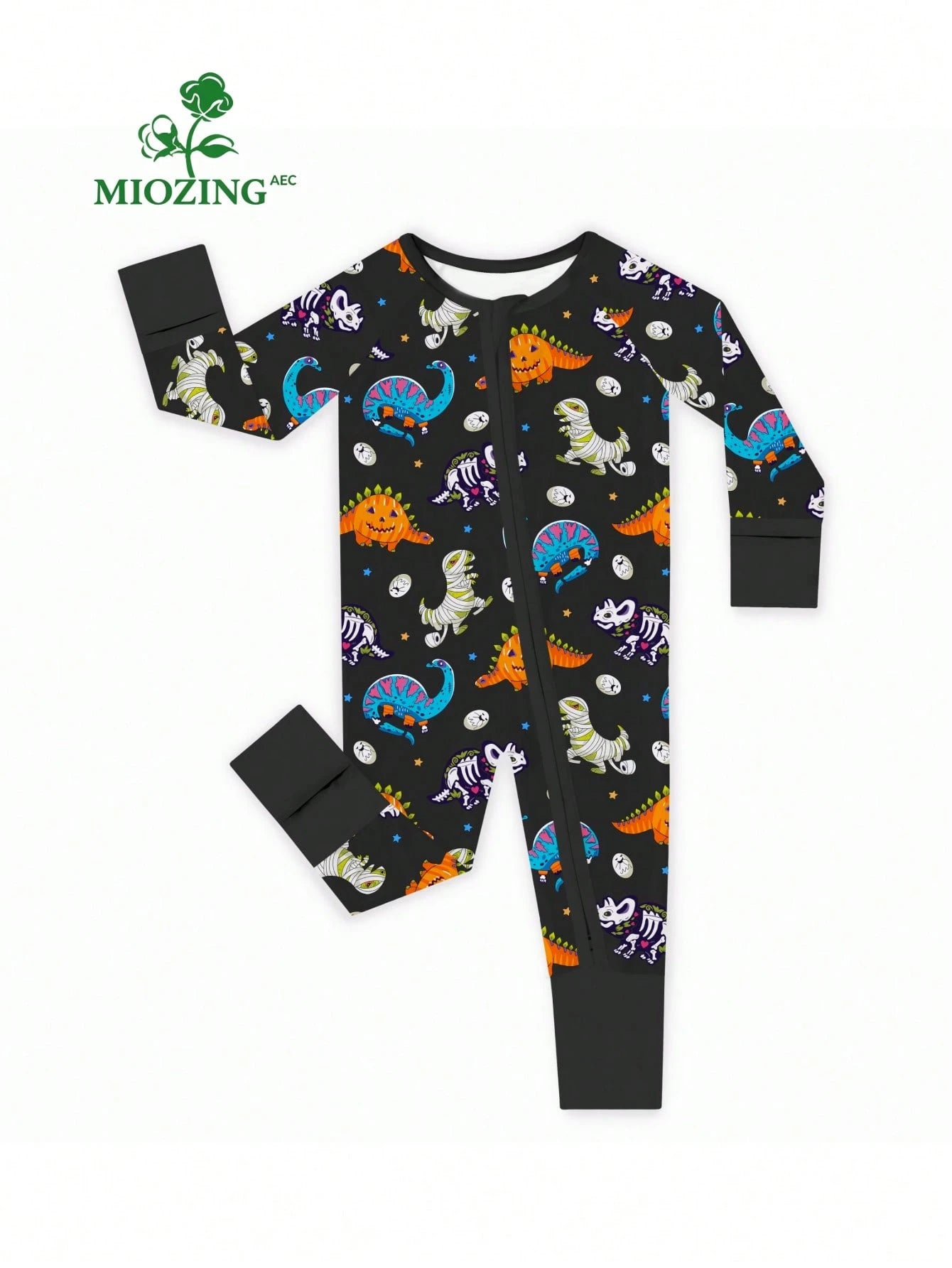 MIOZING Halloween Mummy Dino Skeleton Pumpkin Dinosaur Print Zip Long Sleeve Baby Romper, Holiday Daily Outfit, Soft Bamboo Fiber Fabric For Baby Boys