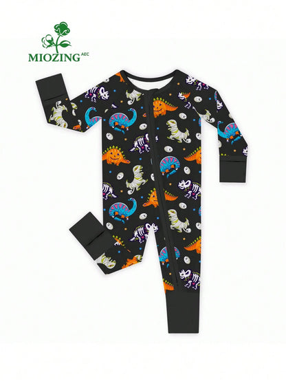 MIOZING Halloween Mummy Dino Skeleton Pumpkin Dinosaur Print Zip Long Sleeve Baby Romper, Holiday Daily Outfit, Soft Bamboo Fiber Fabric For Baby Boys