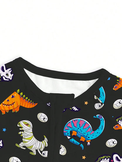 MIOZING Halloween Mummy Dino Skeleton Pumpkin Dinosaur Print Zip Long Sleeve Baby Romper, Holiday Daily Outfit, Soft Bamboo Fiber Fabric For Baby Boys