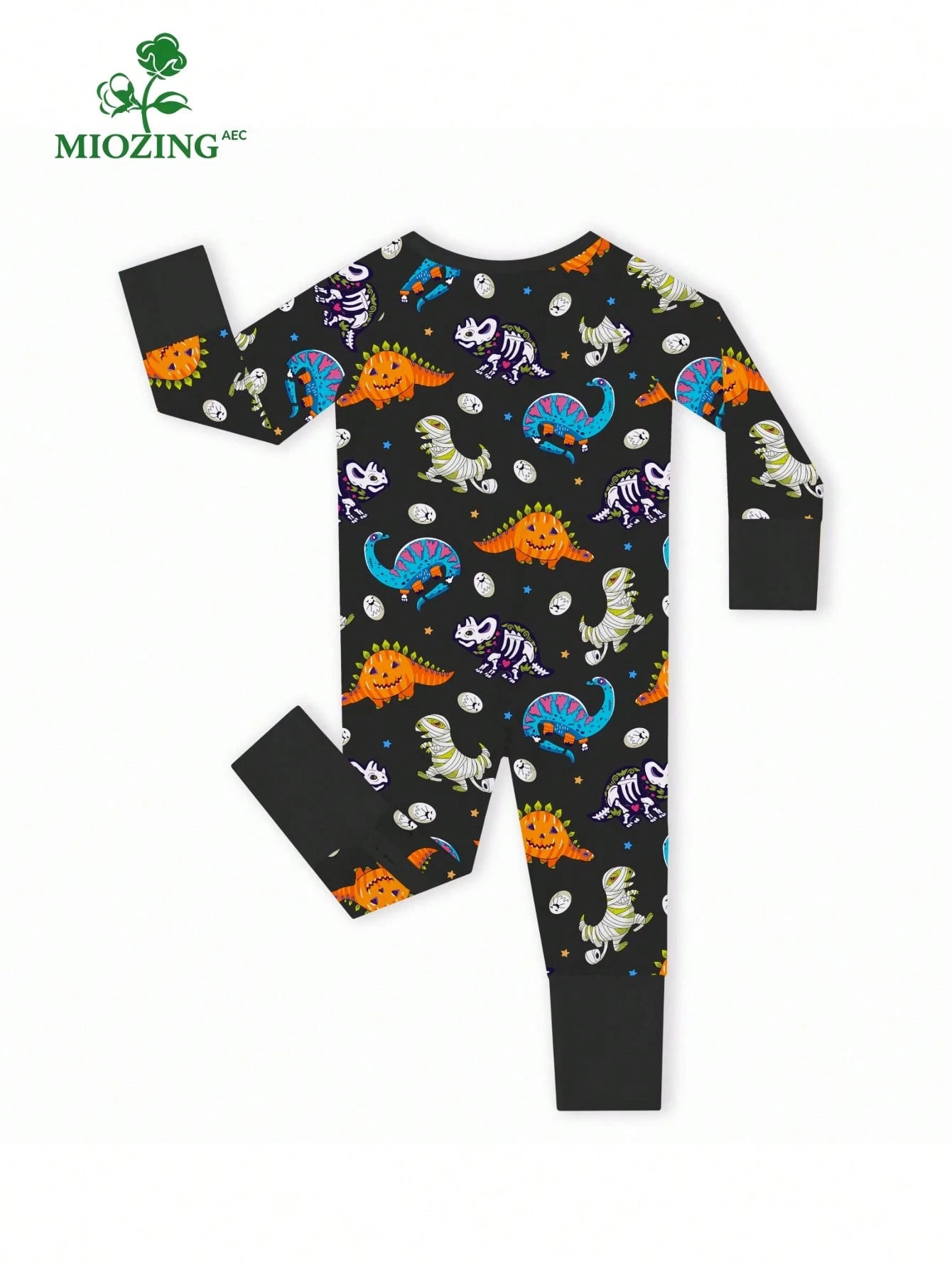 MIOZING Halloween Mummy Dino Skeleton Pumpkin Dinosaur Print Zip Long Sleeve Baby Romper, Holiday Daily Outfit, Soft Bamboo Fiber Fabric For Baby Boys