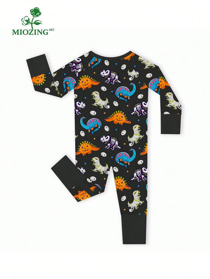 MIOZING Halloween Mummy Dino Skeleton Pumpkin Dinosaur Print Zip Long Sleeve Baby Romper, Holiday Daily Outfit, Soft Bamboo Fiber Fabric For Baby Boys