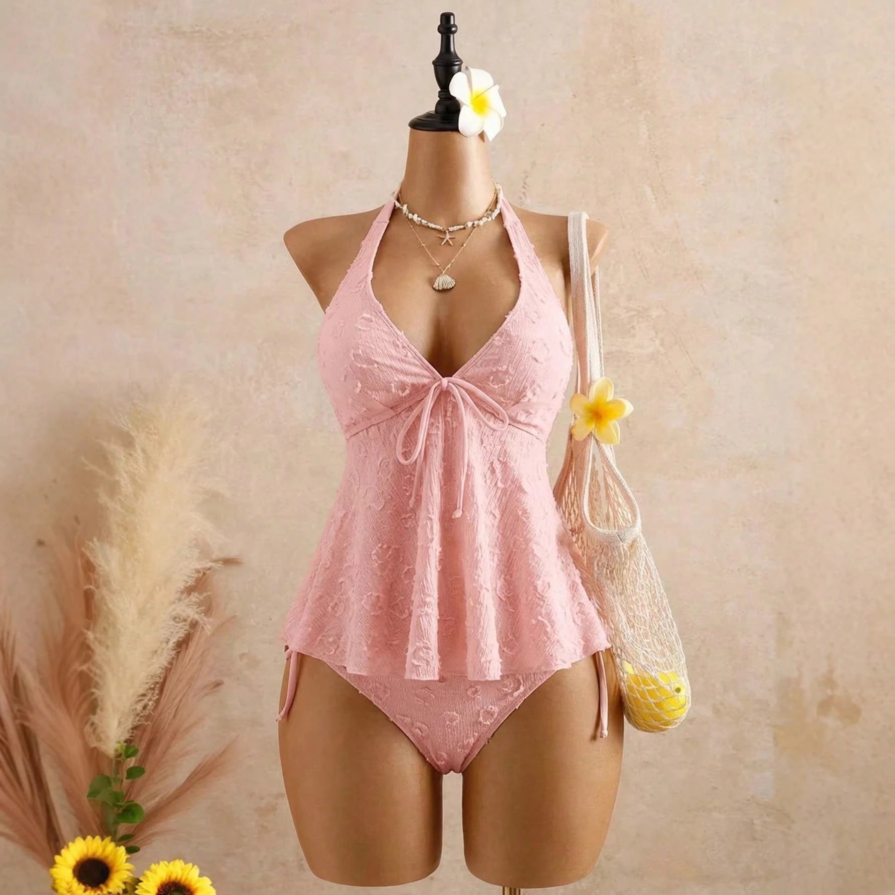 MISON 2026 Summer V-Neck Halter Tie Ruffle Tankini Swimsuit For Women Bikini Cover-Up Two-Piece Bathing Suits