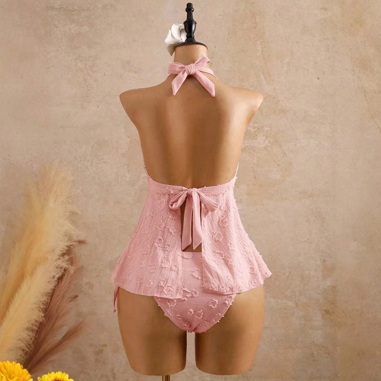 MISON 2026 Summer V-Neck Halter Tie Ruffle Tankini Swimsuit For Women Bikini Cover-Up Two-Piece Bathing Suits