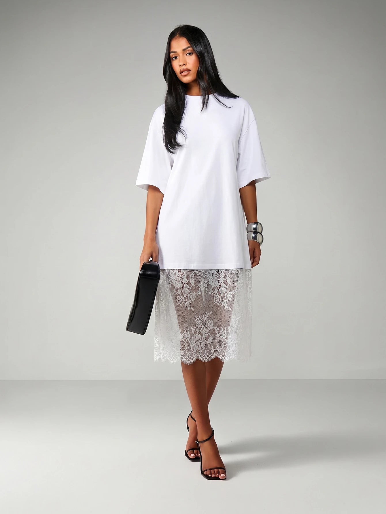 MISSGUIDED Oversized Midi Dress With Sheer Lace Scalloped Hem For Casual Everyday Spring Summer Fashion