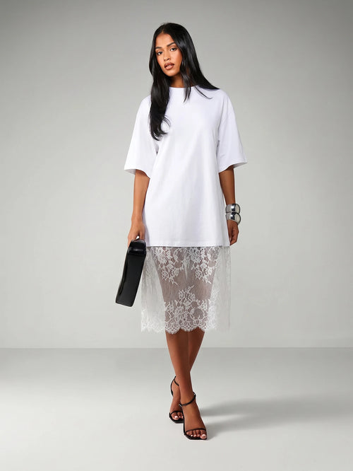 MISSGUIDED Oversized Midi Dress With Sheer Lace Scalloped Hem For Casual Everyday Spring Summer Fashion