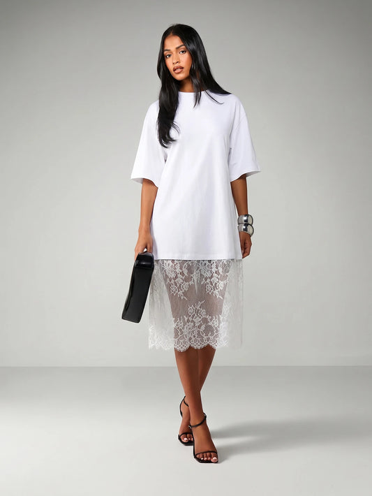 MISSGUIDED Oversized Midi Dress With Sheer Lace Scalloped Hem For Casual Everyday Spring Summer Fashion