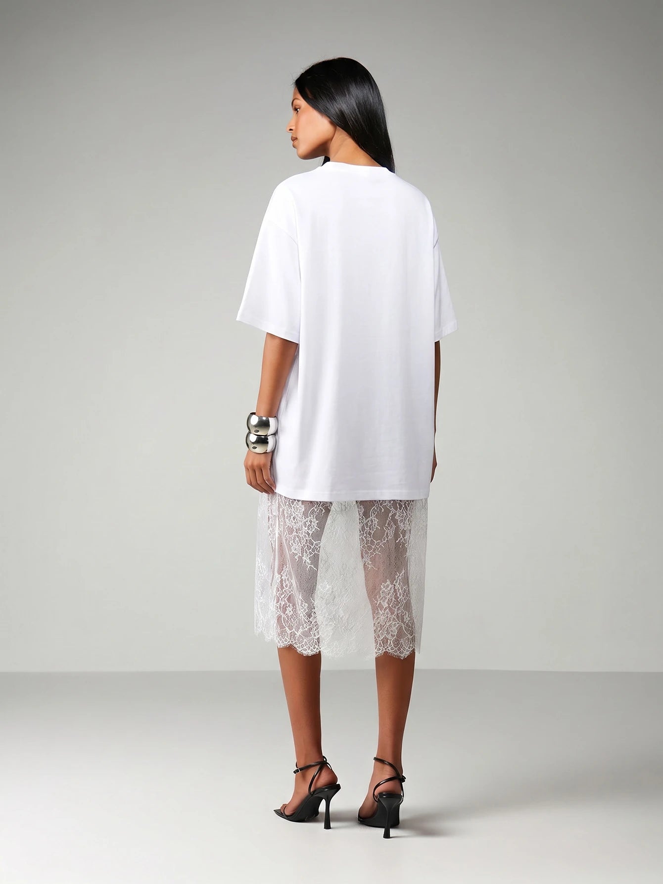 MISSGUIDED Oversized Midi Dress With Sheer Lace Scalloped Hem For Casual Everyday Spring Summer Fashion