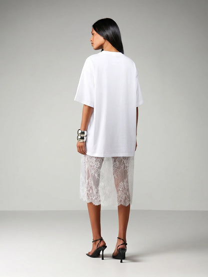 MISSGUIDED Oversized Midi Dress With Sheer Lace Scalloped Hem For Casual Everyday Spring Summer Fashion