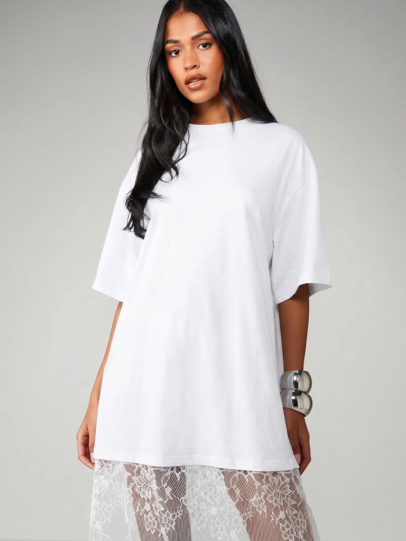 MISSGUIDED Oversized Midi Dress With Sheer Lace Scalloped Hem For Casual Everyday Spring Summer Fashion