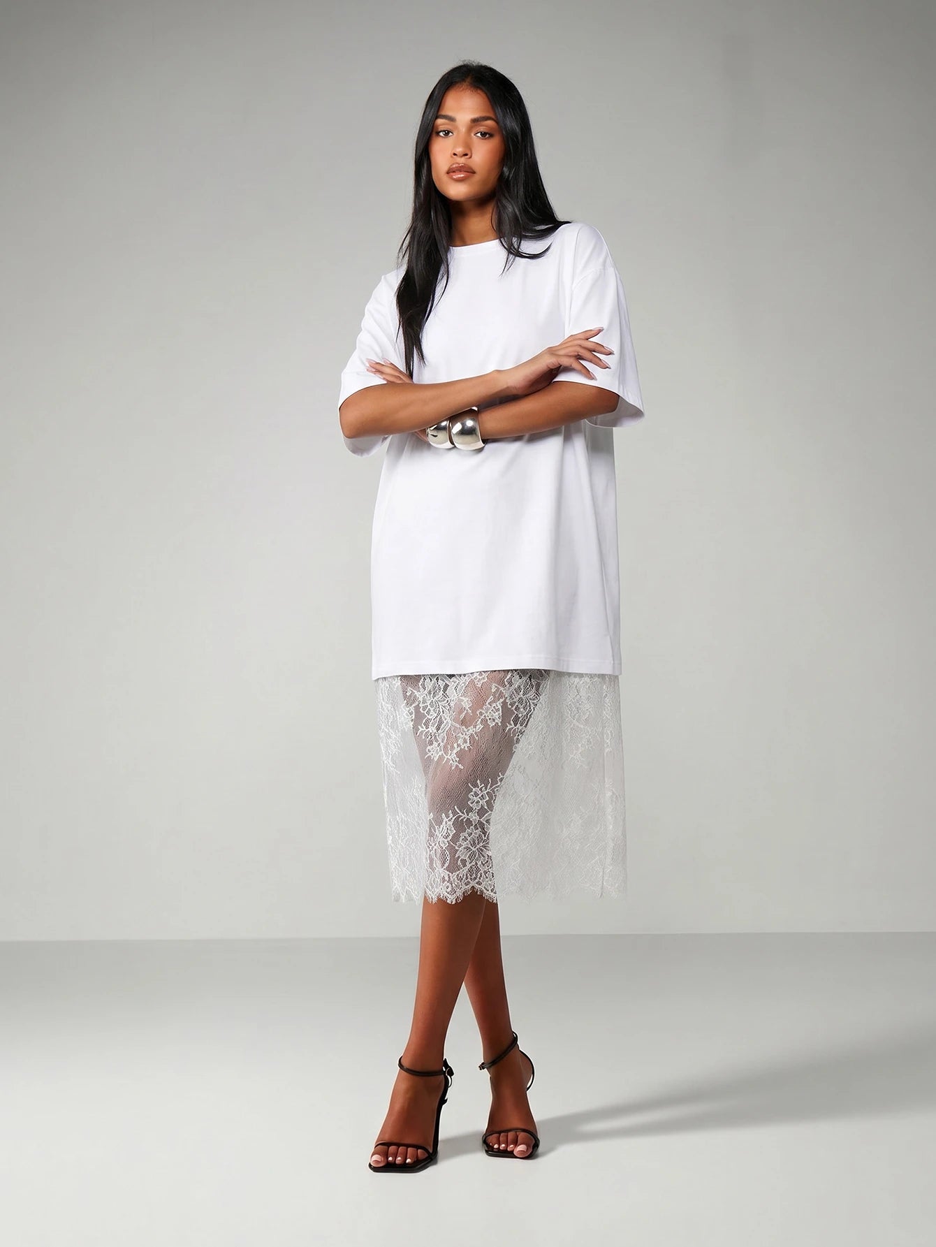 MISSGUIDED Oversized Midi Dress With Sheer Lace Scalloped Hem For Casual Everyday Spring Summer Fashion