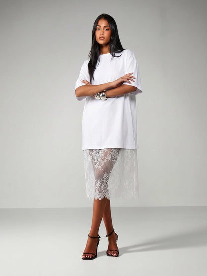 MISSGUIDED Oversized Midi Dress With Sheer Lace Scalloped Hem For Casual Everyday Spring Summer Fashion