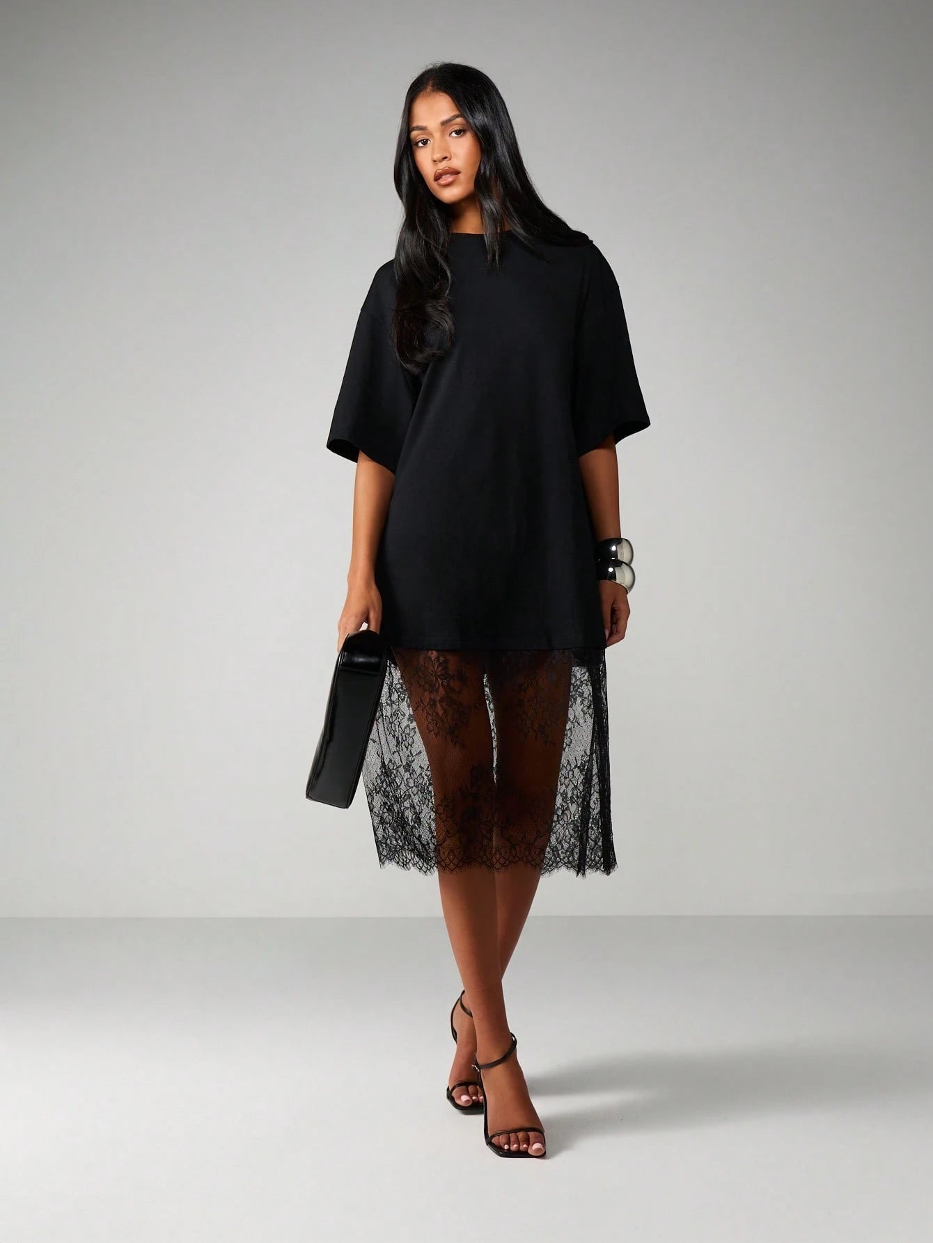 MISSGUIDED Oversized Midi Dress With Sheer Lace Scalloped Hem For Casual Everyday Spring Summer Fashion
