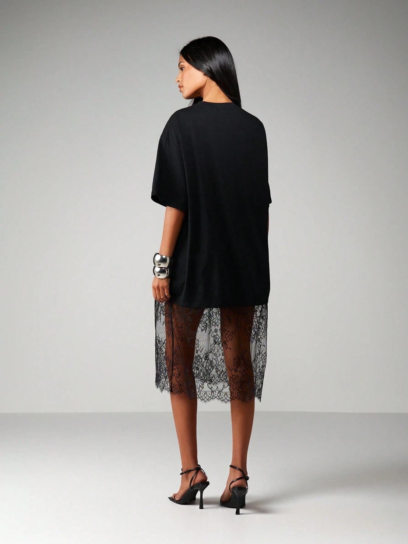MISSGUIDED Oversized Midi Dress With Sheer Lace Scalloped Hem For Casual Everyday Spring Summer Fashion