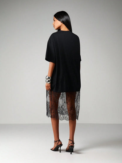 MISSGUIDED Oversized Midi Dress With Sheer Lace Scalloped Hem For Casual Everyday Spring Summer Fashion