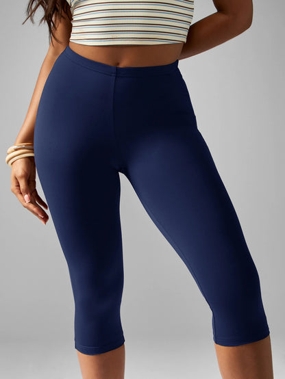 MISSGUIDED Women's Navy Capri Leggings High Waisted Stretchy Comfort Fit Cropped Pants For Casual Everyday Wear