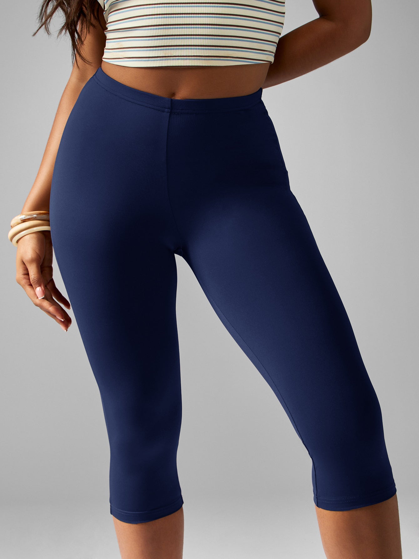 MISSGUIDED Women's Navy Capri Leggings High Waisted Stretchy Comfort Fit Cropped Pants For Casual Everyday Wear