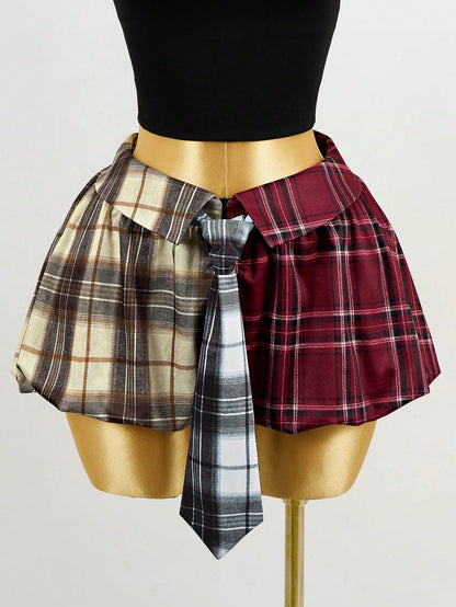 Mistrie Women's Multicolor Plaid Patchwork A-Line Casual Flared Mini Skirt,New Year, For New Year,Christmas Dress,Plaid Skirt,Women's,Casual For Women