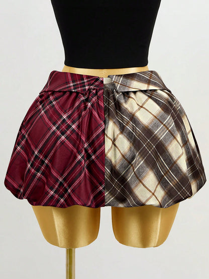 Mistrie Women's Multicolor Plaid Patchwork A-Line Casual Flared Mini Skirt,New Year, For New Year,Christmas Dress,Plaid Skirt,Women's,Casual For Women