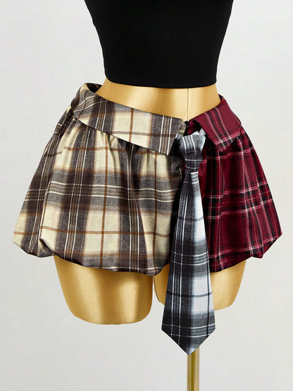 Mistrie Women's Multicolor Plaid Patchwork A-Line Casual Flared Mini Skirt,New Year, For New Year,Christmas Dress,Plaid Skirt,Women's,Casual For Women
