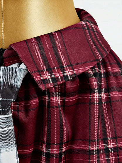 Mistrie Women's Multicolor Plaid Patchwork A-Line Casual Flared Mini Skirt,New Year, For New Year,Christmas Dress,Plaid Skirt,Women's,Casual For Women