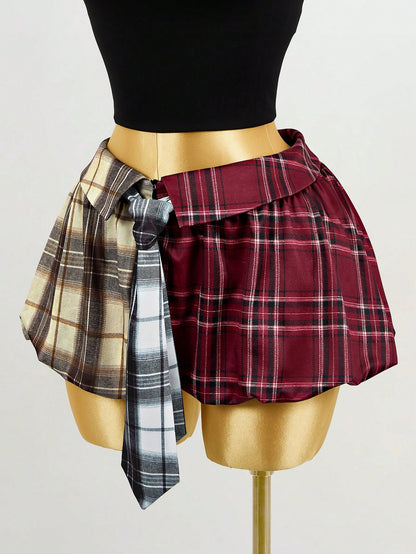 Mistrie Women's Multicolor Plaid Patchwork A-Line Casual Flared Mini Skirt,New Year, For New Year,Christmas Dress,Plaid Skirt,Women's,Casual For Women