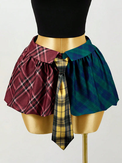 Mistrie Women's Multicolor Plaid Patchwork A-Line Casual Flared Mini Skirt,New Year, For New Year,Christmas Dress,Plaid Skirt,Women's,Casual For Women