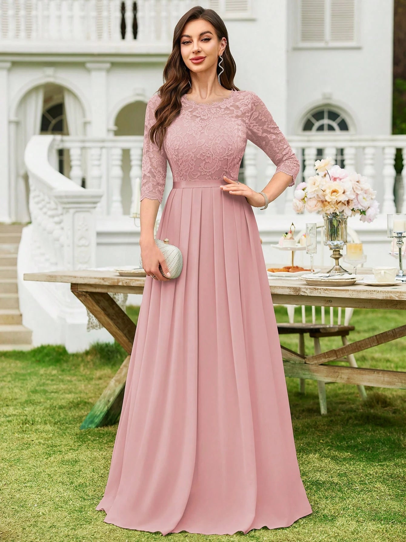 MIUSOL Floral Lace Chiffon Pleated Hem Long Evening Party Dress, Elegant Women's Gown, Ball Gown Pink