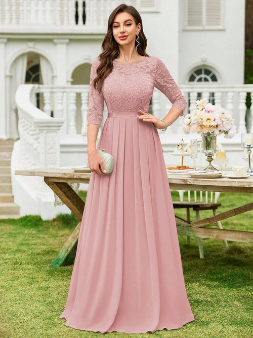 MIUSOL Floral Lace Chiffon Pleated Hem Long Evening Party Dress, Elegant Women's Gown, Ball Gown Pink